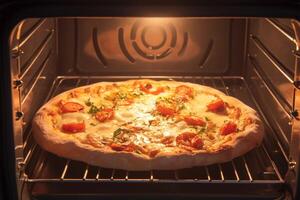 ai gegenereerd oven vers genot pizza in de oven, presentatie van vers gebakken goedheid foto