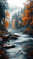 ai gegenereerd nevelig bos- kronkelend rivier, herfst bomen, sereen ochtend- met tekst ruimte verticaal mobiel behang foto