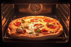 ai gegenereerd bakken gelukzaligheid dichtbij omhoog van vers gebakken pizza in de oven foto