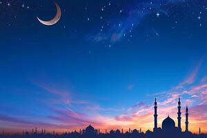 ai gegenereerd schemering lucht met moskee silhouetten iftar periode gedurende Ramadan foto