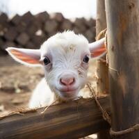 ai gegenereerd charmant boerderij moment wit baby geit Toneelstukken in de buurt bamboe hek voor sociaal media post grootte foto