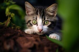 ai gegenereerd aanbiddelijk katje met mooi groen ogen, in een ontspannen speels houding foto