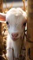 ai gegenereerd dichtbij omhoog wit baby geit spelen met bamboe hek Aan boerderij verticaal mobiel behang foto