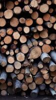 ai gegenereerd brandhout logboeken gestapeld voor winter, creëren een rustiek, knus achtergrond verticaal mobiel behang foto