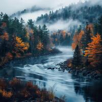 ai gegenereerd herfst dageraad sereen Woud, kronkelend rivier, kleurrijk bomen, rustig mist voor sociaal media post grootte foto