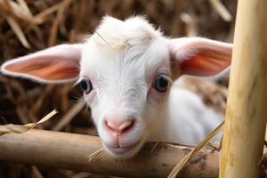 ai gegenereerd dichtbij omhoog wit baby geit spelen met bamboe hek Aan boerderij foto