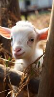 ai gegenereerd charmant boerderij moment wit baby geit Toneelstukken in de buurt bamboe hek verticaal mobiel behang foto