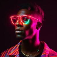 ai gegenereerd portret van een jong zwart jongen, verlichte door retro neon kleurrijk verlichting foto