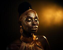 ai gegenereerd een zwart vrouw versierd in ingewikkeld gouden sieraden, tegen een donker achtergrond verlichte door zacht verlichting, benadrukkend de luxueus uiterlijk van de sieraden foto