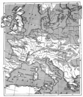 kaart tonen de omvang van de Oppervlakte dat was gedekt door de zee sinds de begin van de Eoceen periode, wijnoogst gravure. foto