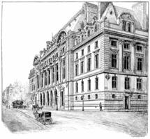 facade van de nieuw sorbonne, wijnoogst gravure. foto