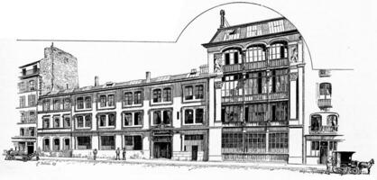 het drukken boekhandel kwantine huis, wijnoogst gravure. foto