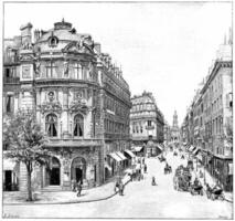 vaudeville theater, rue de la chaussee d'antin, heilig drieëenheid, wijnoogst gravure. foto