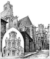 facade van de kerk van Sint-Gervais en st. protais, apsis visie van de straat bars, wijnoogst gravure. foto