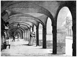 de arcades van de plaats des vogezen, wijnoogst gravure. foto