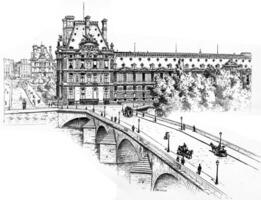 de pavillon de marsan, de pavillon de flore en de pont Koninklijk, quai des tuileries, wijnoogst gravure. foto