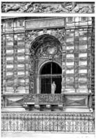 venster van de klein galerij Aan de quai du louvre, wijnoogst gravure. foto