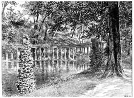 parc Monceau, de naumachie, wijnoogst gravure. foto