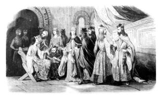 kostuums van de adel gedurende de regeren van John gebrek aan land, wijnoogst gravure. foto