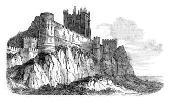 kasteel bamborough, wijnoogst gravure. foto