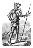 leger kostuum gedurende de regeren van Henry v, wijnoogst gravure. foto