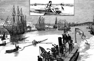 Amerikaans sport. de regatta's, wijnoogst gravure. foto