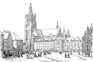 de markt roermond, wijnoogst gravure. foto