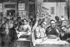 opium rokers in China, wijnoogst gravure. foto