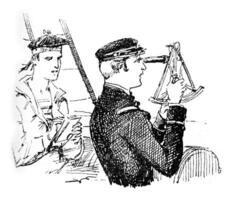de tip. de schip navigator waarneming de horizon gebruik makend van een sextant. foto