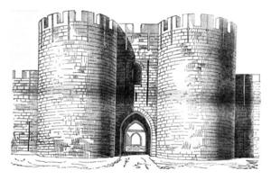 poort van de stad van aigues-mortes, wijnoogst gravure. foto