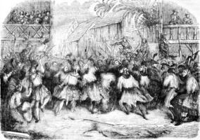 een carnaval tafereel in Haïti in 1838, na de schetsen van een reiziger, wijnoogst gravure. foto