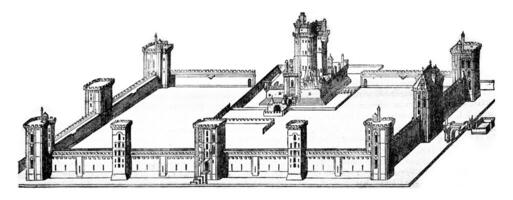 vincennes kasteel onder Charles v, wijnoogst gravure. foto