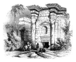 ruïnes van een mausoleum, in Philadelphia, in Palestina, wijnoogst gravure. foto