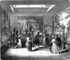 gobelins, tentoonstelling kamer, wijnoogst gravure. foto