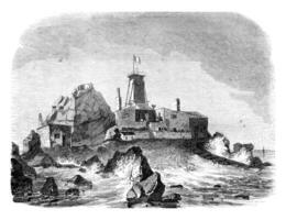 visie van de voorlopige vuurtoren en woning Aan de rots van Heaux, op de hoog zeeën, wijnoogst gravure. foto