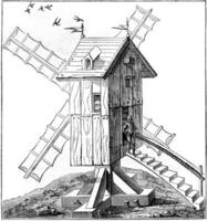 windmolen in gebruik in de zestiende eeuw, wijnoogst gravure. foto