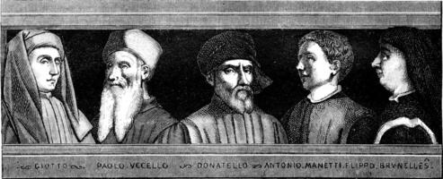 giotto, paolo uccello, donateur, antonio manetti, Filippo Brunelleschi, wijnoogst gravure. foto