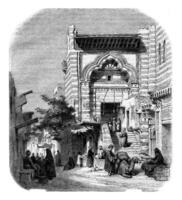 visie van de moskee el-moyed in Cairo, wijnoogst gravure. foto