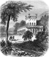 tannenwald visie van kasteel in de buurt homburg, wijnoogst gravure. foto