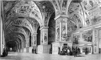 visie van de Vaticaan bibliotheek in de achttiende eeuw, wijnoogst gravure. foto