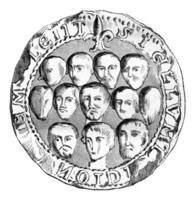 zegel van de gemeentelijk bijeenkomst van meulan in 1195, wijnoogst gravure. foto