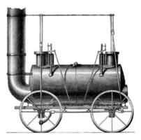 gekoppeld wielen locomotief, g. stephenson, wijnoogst gravure. foto