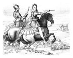 louis xiii kostuum commando gendarmes en artillerie trein in 1621, wijnoogst gravure. foto