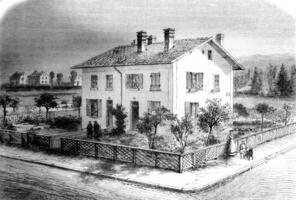 behuizing landgoederen van mulhouse, paviljoen voor vier huishoudens, wijnoogst gravure. foto