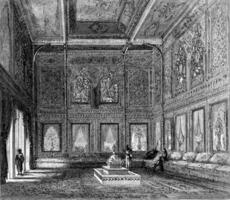 wereld expo 1867, de huis van de bosporus, interieur visie, wijnoogst gravure. foto