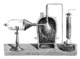 voorbereiding van aluminium chloride, wijnoogst gravure. foto