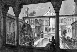 binnenplaats van de paleis van de Frans missie in Teheran in 1848, wijnoogst gravure. foto