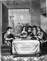 conferenties van de zeventiende eeuw, frontispice van een boek van theophrastus Renaudot, wijnoogst gravure. foto