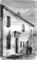 huis of Michel cervantes was opgesloten in argamasilla de alba, wijnoogst gravure. foto