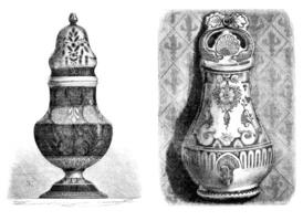 faience van Rouaan. fontaine is van toepassing geschilderd, suiker, een geel oker decor. - tekening van edward Garnier, wijnoogst gravure. foto